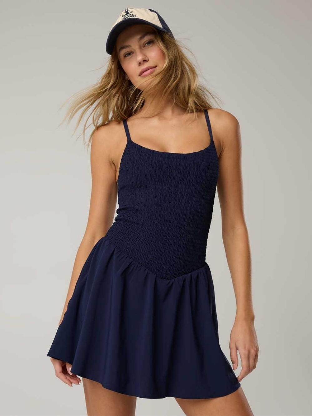 Aerie Offline Smocked Navy Blue Spaghetti Strap Dress